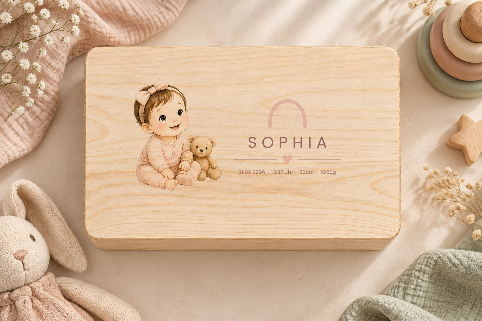 Erinnerungskiste aus Holz personalisiert mit Kinderillustration, Name und Geburtsdaten