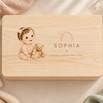 Erinnerungskiste aus Holz personalisiert mit Kinderillustration, Name und Geburtsdaten