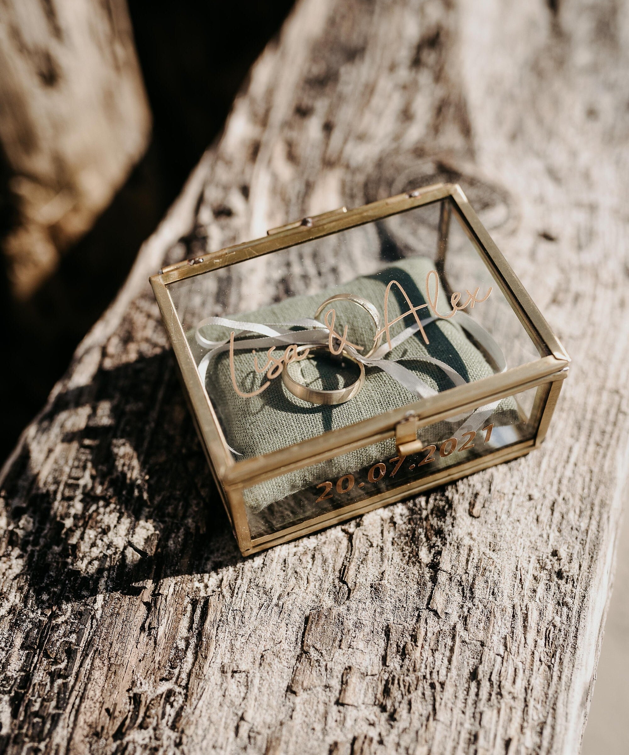 Ringkästchen Gold mit Oliven Kissen | Ringbox aus Glas Eckig | zur Hochzeit personalisiert