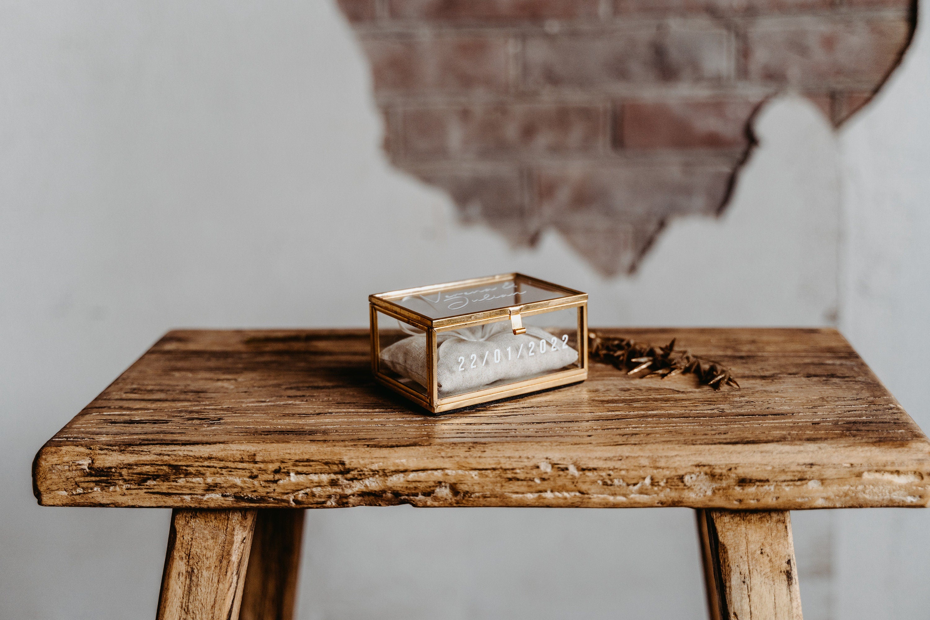 Ring Box Gold with Beige Pillow | Glass Ring Box Square | personalized for the wedding present