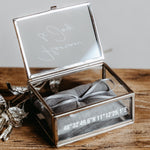 Ringkästchen Silber mit grauem Kissen | Ringbox aus Glas Eckig | zur Hochzeit personalisiert
