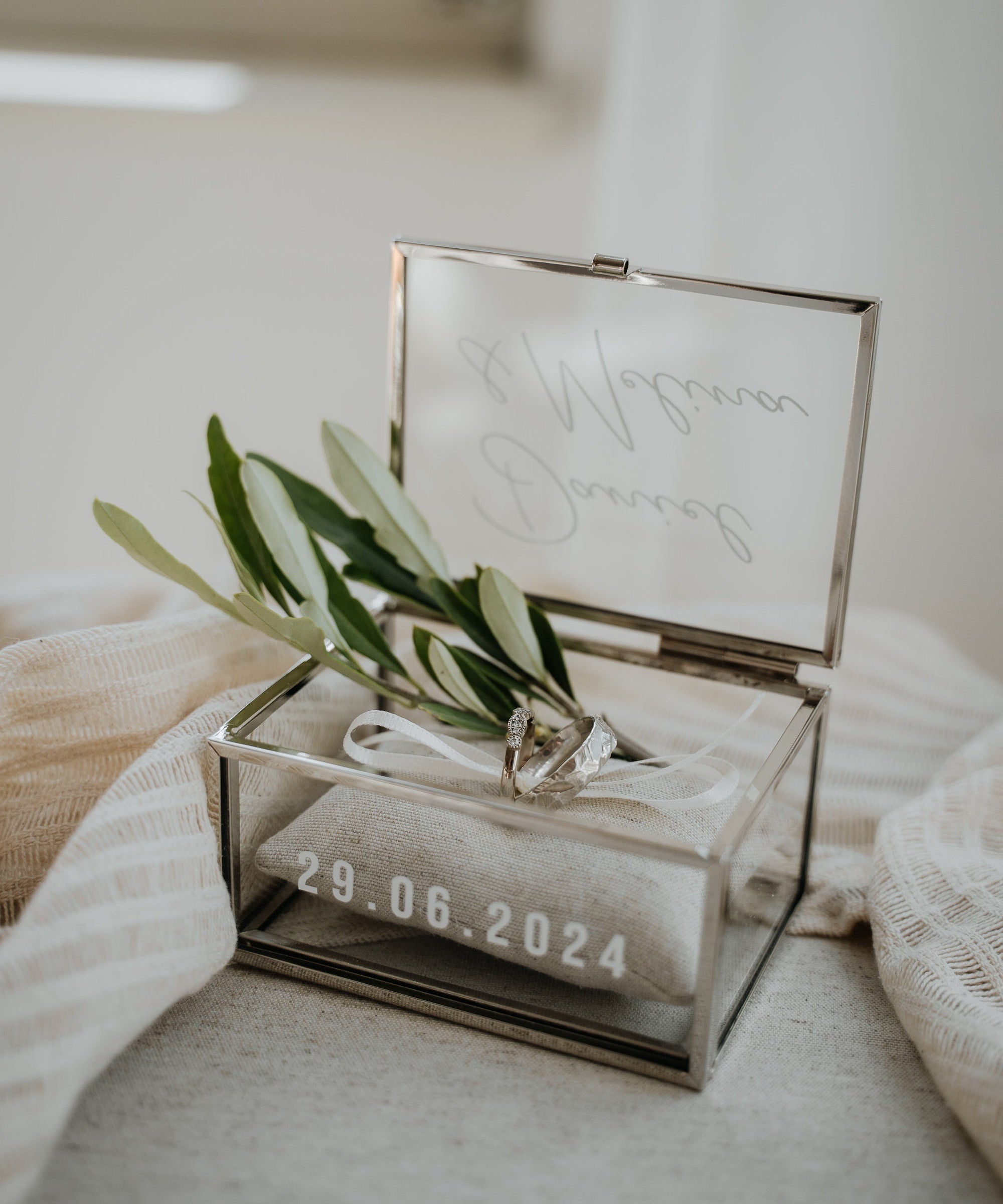 Ringkästchen Silber | Ringbox aus Glas Eckig optional mit Ringkissen Sand| zur Hochzeit personalisiert