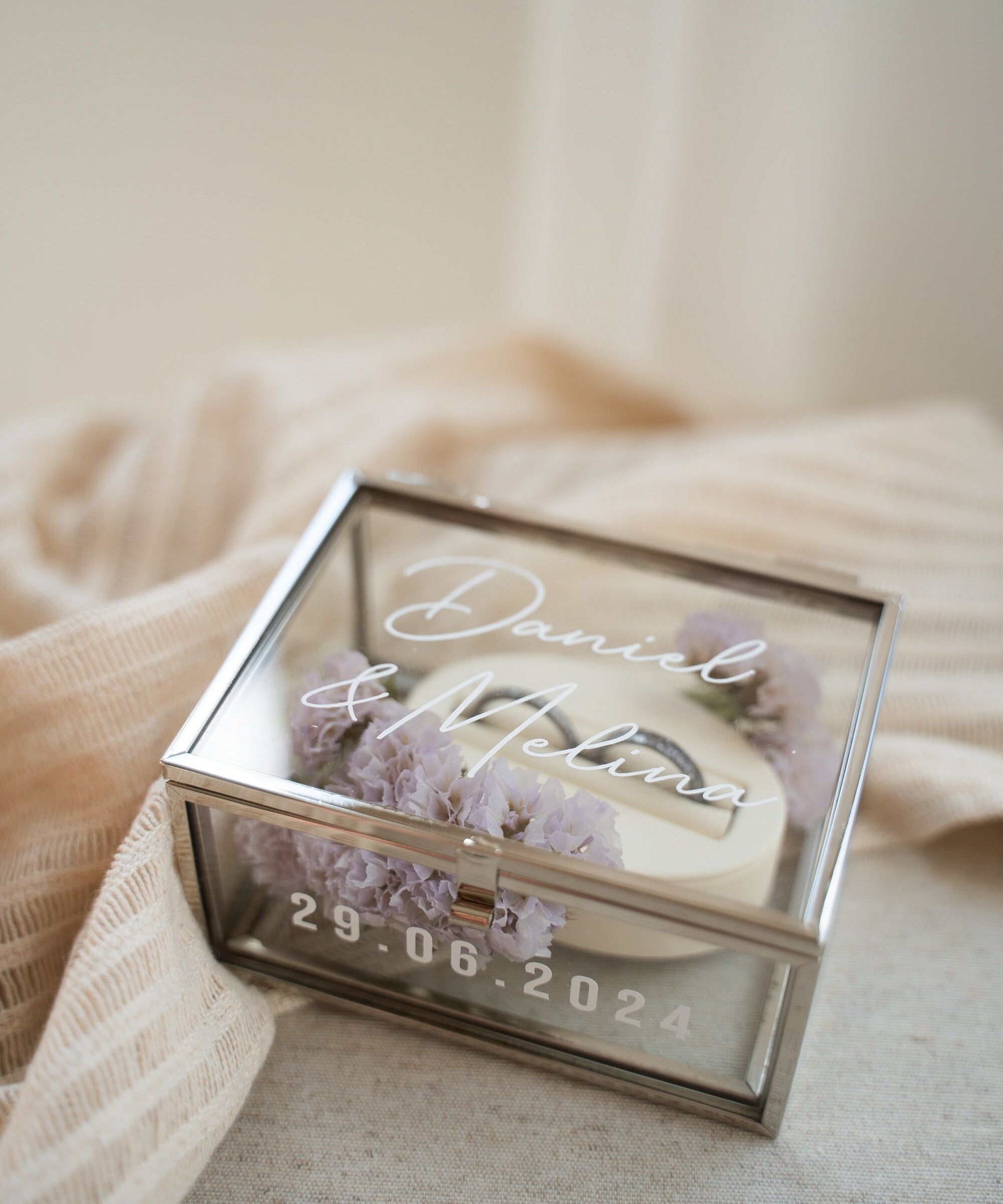 Ringkästchen Silber | Ringbox aus Glas Eckig optional mit Ringhalter| zur Hochzeit personalisiert