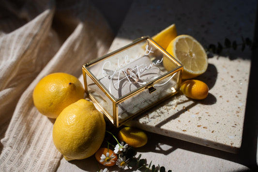 Ringkästchen Gold mit Sand Kissen | Ringbox aus Glas Eckig | zur Hochzeit personalisiert