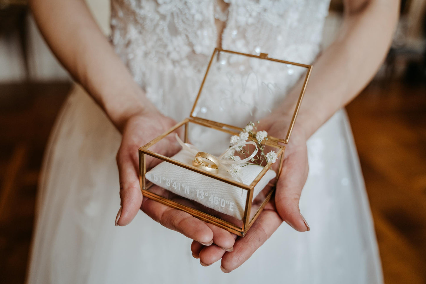 Ring Box Gold with Beige Pillow | Glass Ring Box Square | personalized for the wedding present