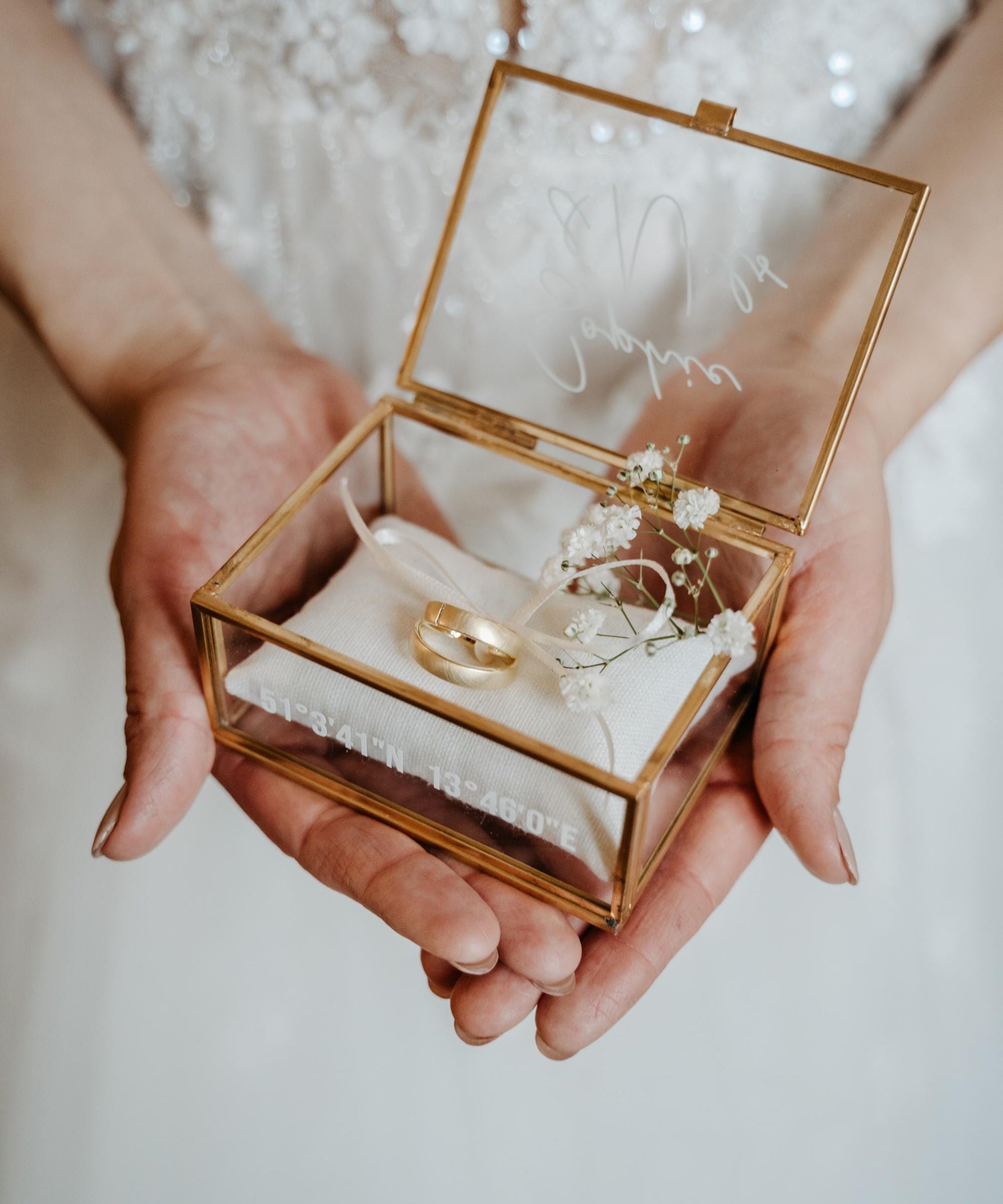 Ring Box Gold with Beige Pillow | Glass Ring Box Square | personalized for the wedding present