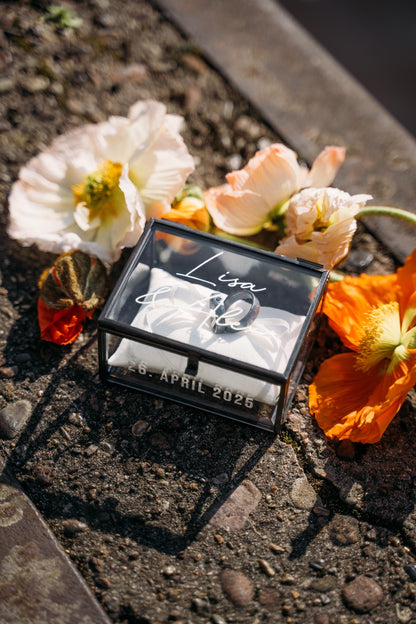 Ring Box Black Used-Look with Beige Pillow | Glass Ring Box Square | personalized for the wedding present