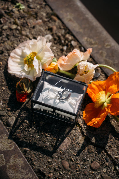 Ring Box Black Used-Look with Beige Pillow | Glass Ring Box Square | personalized for the wedding present