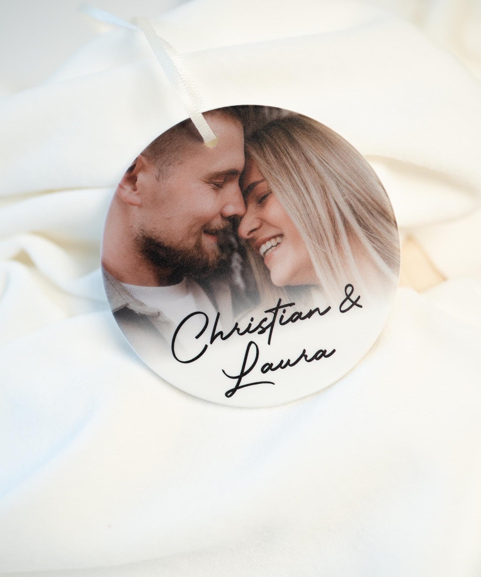 Personalisierter Fotoanhänger aus Keramik I Geschenk mit Foto I Weihnachtsornament I Hochzeit, Weihnachten, Haustier, handgefertigt