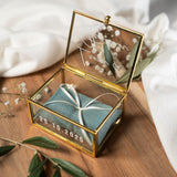 Personalisierte Ringbox aus Glas in Gold mit petrol Kissen | Vintage-Ringbox für Hochzeit & Verlobung