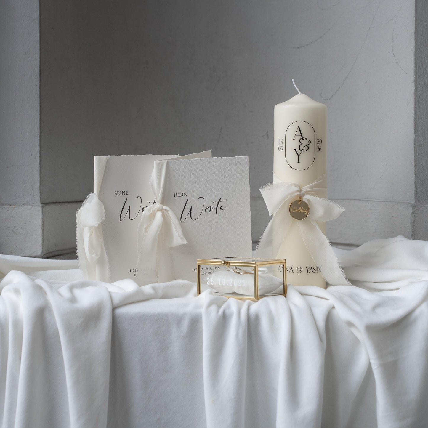 Hochzeits-Set für die Trauung – Traukerze, Ringbox & Ehegelübde, personalisiertes Geschenk