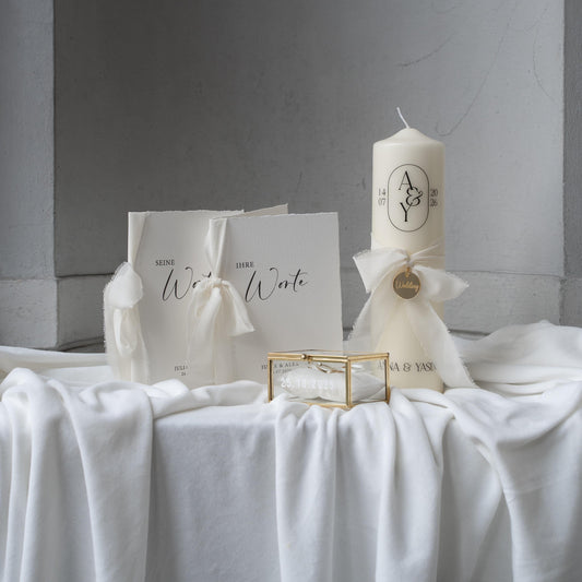 Hochzeits-Set für die Trauung – Traukerze, Ringbox & Ehegelübde, personalisiertes Geschenk