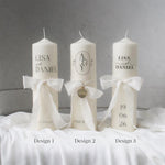 Hochzeitskerze personalisiert – elegante Traukerze mit Initialen & Datum, weiße Hochzeitskerze mit Chiffonschleife