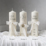 Hochzeitskerze personalisiert – elegante Traukerze mit Initialen & Datum, weiße Hochzeitskerze mit Chiffonschleife