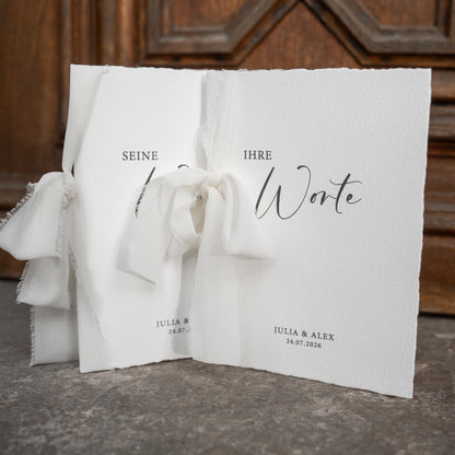 Personalisierte Eheversprechen zur Hochzeit – Gelübde auf Büttenpapier DIN A5 mit Chiffonschleife