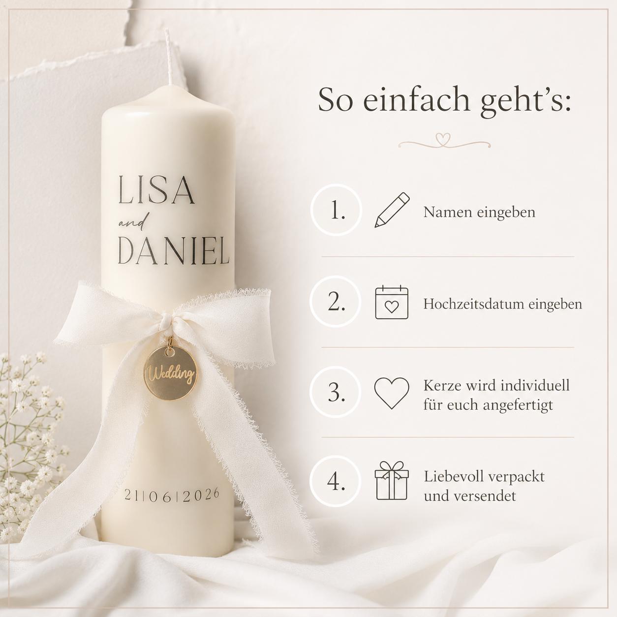 Hochzeitskerze personalisiert mit Namen und Datum | Kerze Hochzeit Geschenk | Trauungskerze für Brautpaar | Hochzeit Deko Kerze graviert