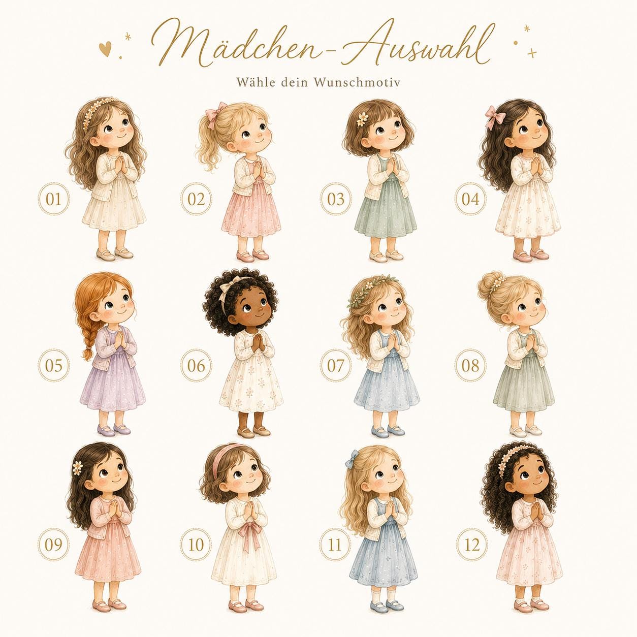 Mädchen-Motive zur Auswahl für eine individuelle Taufkerze mit zarten Aquarell-Illustrationen.