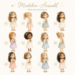 Mädchen-Motive zur Auswahl für eine individuelle Taufkerze mit zarten Aquarell-Illustrationen.