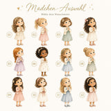 Mädchen-Motive zur Auswahl für eine individuelle Taufkerze mit zarten Aquarell-Illustrationen.
