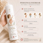 Personalisierbare Taufkerze mit auswählbarem Motiv, Name, Datum und Wunschtext einfach erklärt.