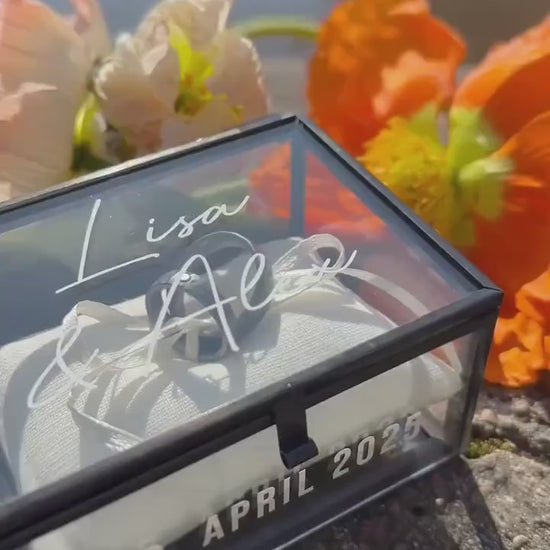 Ring Box Black Used-Look with Beige Pillow | Glass Ring Box Square | personalized for the wedding present