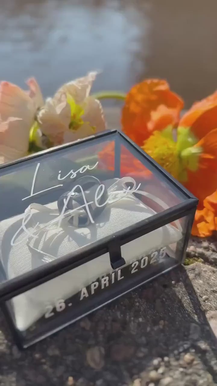 Ring Box Black Used-Look with Beige Pillow | Glass Ring Box Square | personalized for the wedding present